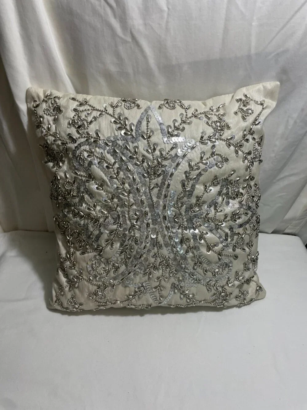 Decorative Ivory Beaded Sequin Throw Pillow 16x16 Velvet Back Accent Cushion